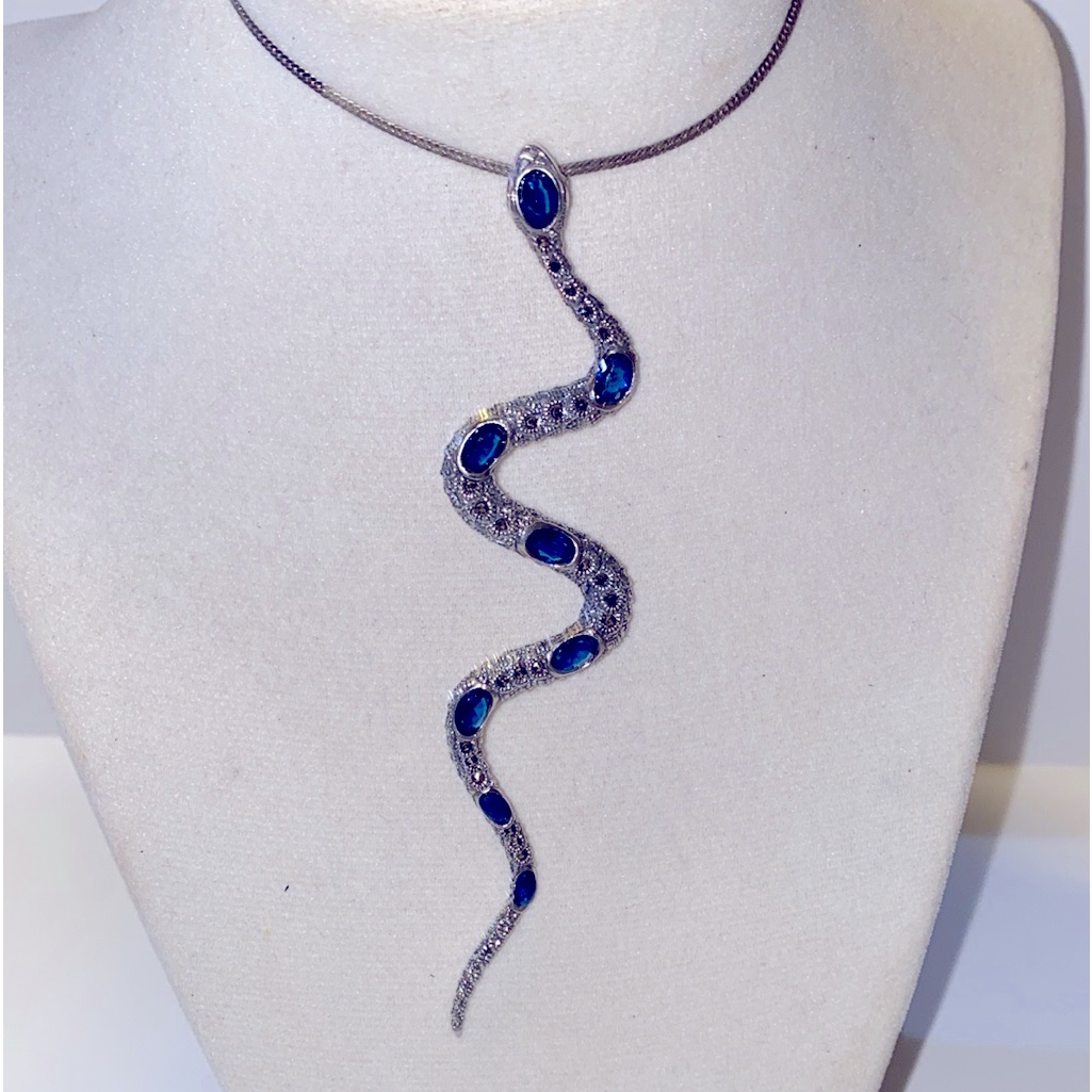 Long Snake Pendant Sapphire 8 Stones And Marcasite 925 Silver
